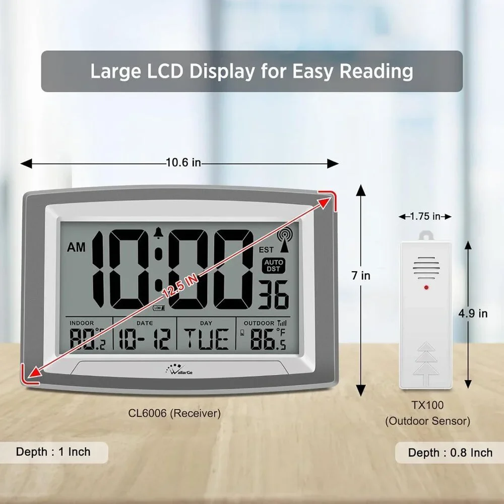 12.5-Inch Atomic Clock with Indoor/Outdoor Temperature - Stylish & Accurate